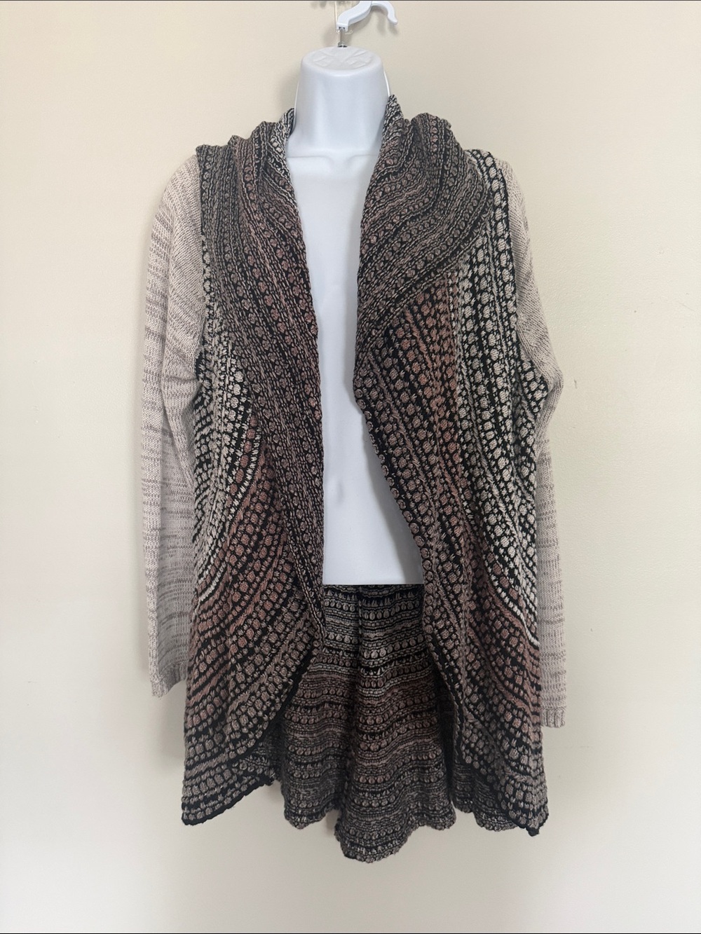Open-Front Draped Knit Cardigan in Beige and Brown